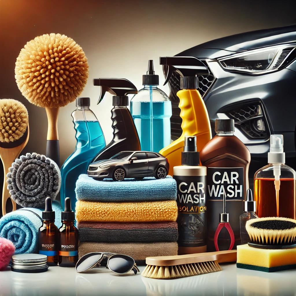 Featured image showcasing a complete car detailing kit neatly arranged on a clean surface. The kit includes microfiber cloths, car wash solution, car wax, polishes, brushes, interior cleaner, spray bottles, and sponges. A sleek car is partially visible in the background, emphasizing the professional quality and application of the products."